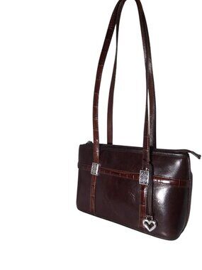 Brown Faux Leather Shoulder Bag With Heart Charm & Silver Accents Double Straps